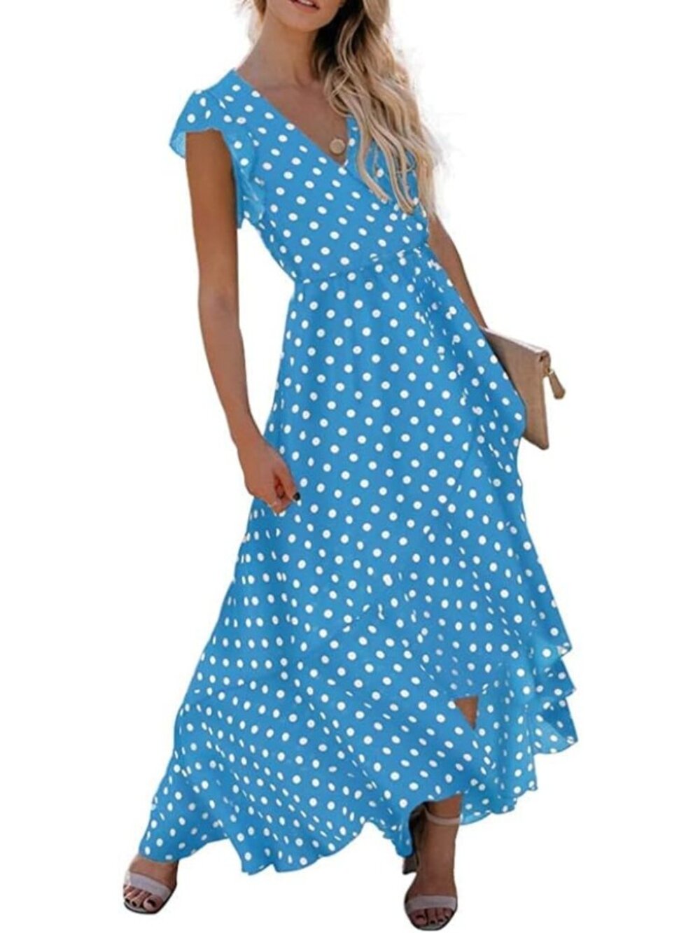 Women's Light Blue Boho Beach Vacation Wrap V Neck Summer Long Maxi Dress - Picture 4 of 6